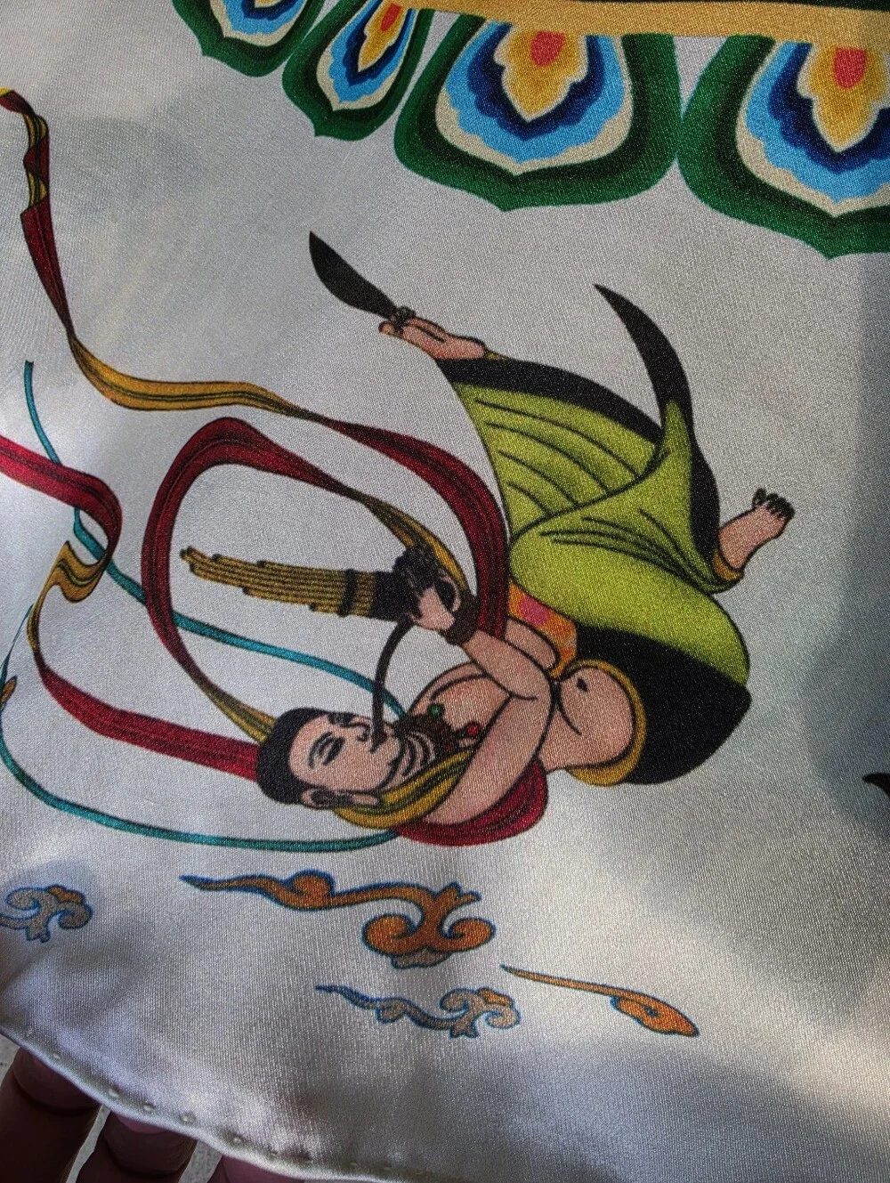 Vintage 100% Silk Scarf Hand Rolled Hem.  DunHuang Art 43x41